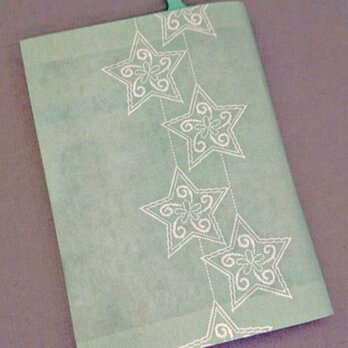 栞付き・和紙ブックカバー(文庫本サイズ)グリーン地に星「送料無料」の画像
