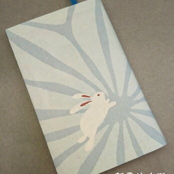 栞付き・和紙ブックカバー(新書サイズ)麻の葉にうさぎブルーグレー「送料無料」の画像