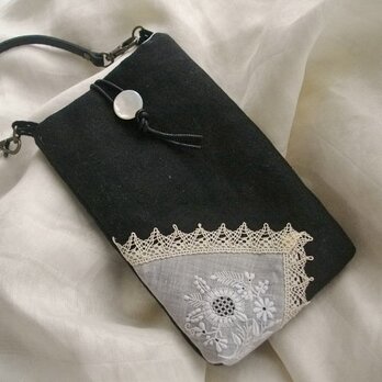 アンティークレース*黒リネン*スマホケース*携帯*メガネ ＃３