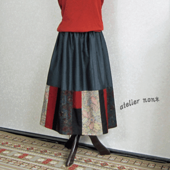 着物リメイク♪4種類の大島紬で裾パッチスカート（裏地付き）丈７７ｃｍの画像