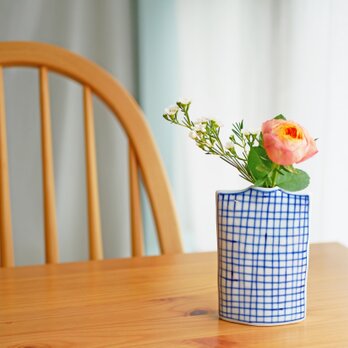 四角のリバーシブル花びん チェック／ドット