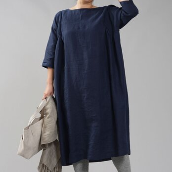 【【wafu】Linen Dress　秘密のシルエット 7部袖 /　留紺(とめこん)　a083a-tmk1の画像