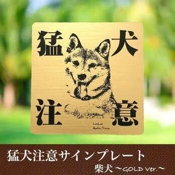 【送料無料】猛犬注意サインプレート(柴犬)GOLDアクリルプレートの画像