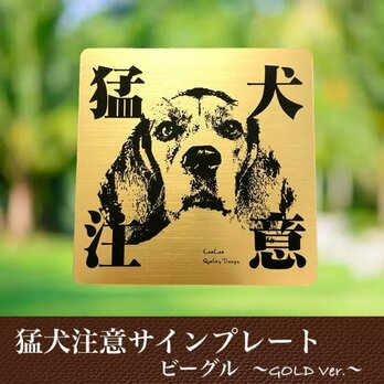 【送料無料】猛犬注意サインプレート(ビーグル)GOLDアクリルプレートの画像
