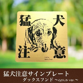 【送料無料】猛犬注意サインプレート(ダックスフンド)GOLDアクリルプレートの画像