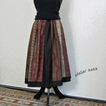 着物リメイク♪５種類の大島紬で茶系パッチスカート（裏地付き）丈７６ｃｍの画像