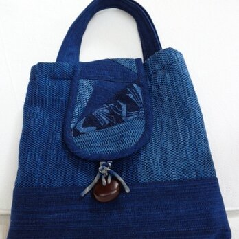 裂織り　藍染め裂き織りバッグの画像