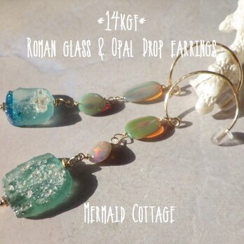 *14kgf*Roman glass & Opal Drop Earrings　ローマングラスとオパールの耳飾りの画像