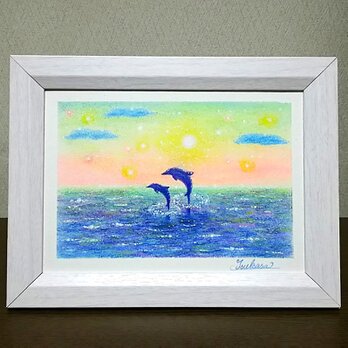 海とイルカのパステルアート　夜明け前に　パステル画原画の画像