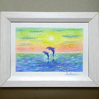 海とイルカのパステルアート　夜明け前に　パステル画原画の画像