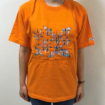 【一点物】手織りのデザインTシャツ（男女兼用Mサイズ）・オレンジ【ギフトにもおすすめ】の画像