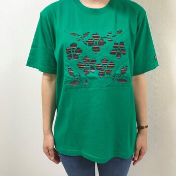 【一点物】手織りのデザインTシャツ（男女兼用Mサイズ）・オレンジ【ギフトにもおすすめ】の画像
