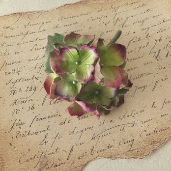 染め花の秋色紫陽花のコサージュ(ライトグリーン&パープル)の画像