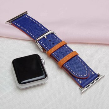 高級腕時計　ベルト アップルウォッチバンド　フランス産高級レザ　ブルー　エプソンレザー　メンズ　レディースの画像