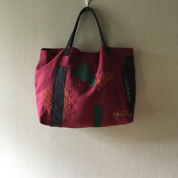 リネンのコラージュと刺し子のバッグ『深まりゆく』の画像
