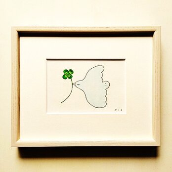 イラスト 原画「幸せを運ぶ（四葉のクローバー）」※木製額縁入り（インチサイズ）