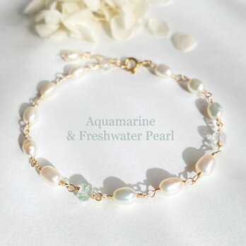 14kgf エレガントな真珠と宝石質アクアマリン、ゴシェナイトのブレスレット　ac/1137