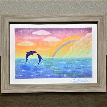 海とイルカのパステルアート　虹色の夕焼け　パステル画原画の画像