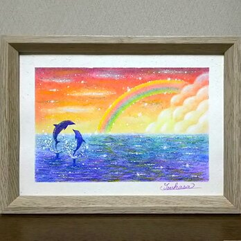 海とイルカのパステルアート　虹色の夕焼け　パステル画原画の画像