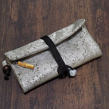 道中財布　ロールバッグ　コットン紬風グリーン色地製　「錫箔」　真綿箔の画像