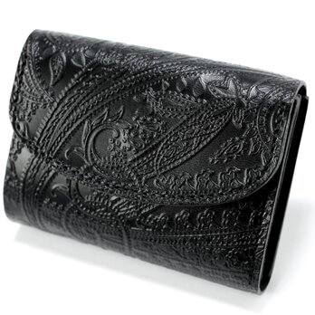 ペイズリー型押し 三つ折り コンパクトウォレット MANUEL ブラック ミニ財布 ヌメ革の画像