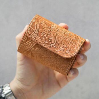 極小財布 オール 栃木レザー ペイズリー型押し コンパクト ウォレット PABLO ヌメ ミニ財布 三つ折り 本革の画像