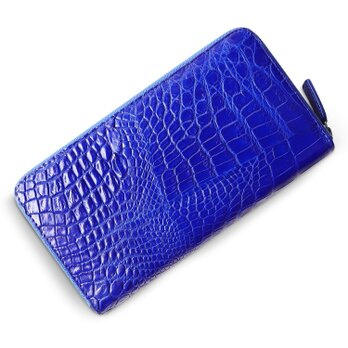 【訳あり商品】シャムクロコ（クロコダイル革）レディース・メンズ財布 ラウンドファスナー　ブルーの画像