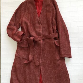 リネン・ウールヘリンボーン柄ロングコートの画像