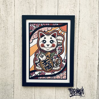 尾九 刺青画 招き猫 桜吹雪 打出の小槌 A4サイズ フレーム付きの画像