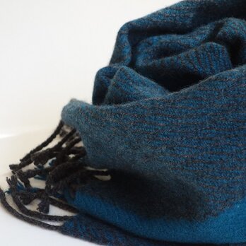 手織りカシミアマフラー・・青緑のワンストライプの画像