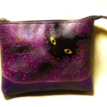catwalk oikawa　猫のデザイン　レザークラフト　Ａポーチ15　花畑猫　濃紫の画像