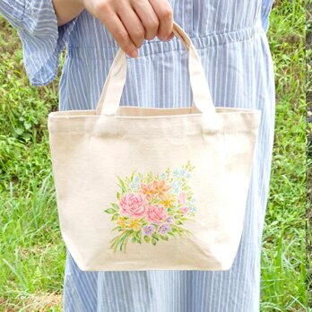 手描き オーガニックコットン ミニトートバッグ「小さな花束」の画像