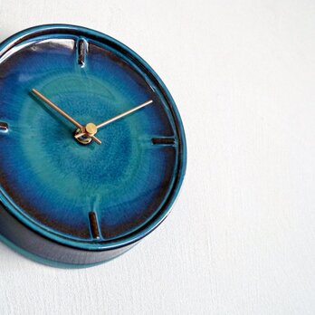 陶器の壁掛け時計　GLAZED CLOCK　青なまこ釉の画像