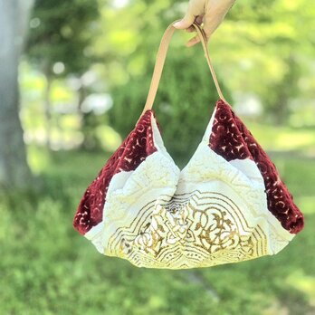 ☆日本国内から発送☆　モロッコ ファブリック red & ワンハンドルレザー 　コロンとかわいいバッグ