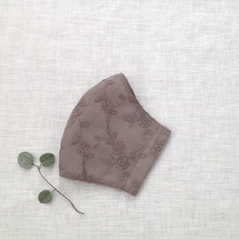 綿ローン薔薇の刺繍 マスク (カーキ色)  ＊ 送料無料 ＊の画像