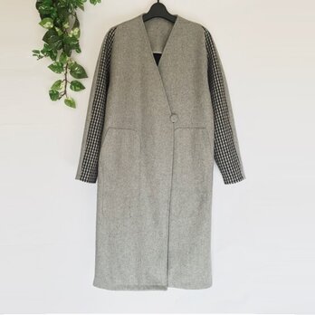 ★冬新作★ウール混袖配色仕様ゆったり着られるシンプルなポケット付きロングコート♪の画像