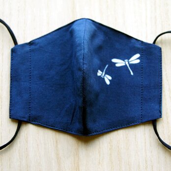 天然藍の型染めリバーシブルマスク  ワンポイント蜻蛉の画像