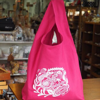 探していたかわいいエコバッグ♪ AMBERオリジナルデザイン　収納袋つき マルシェバッグ ピンクの画像