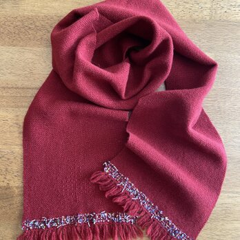 handwoven small scarf (dark red) 茜色の手織りのミニマフラー(もみの木模様入り)の画像