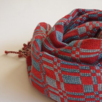 手織りカシミアストール・・赤×青の画像