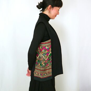 ラオス浮き織り古布の創作ロングベスト一点物