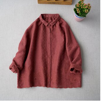 【ワインレッド】リネン100%贅沢な総刺繍甘すぎず大人可愛いトップス♪の画像