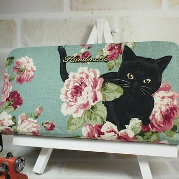 黒猫と薔薇とちょっとビーズの長財布　（グリーン）No１の画像