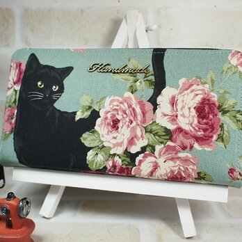 黒猫と薔薇とちょっとビーズの長財布　（グリーン）No２の画像