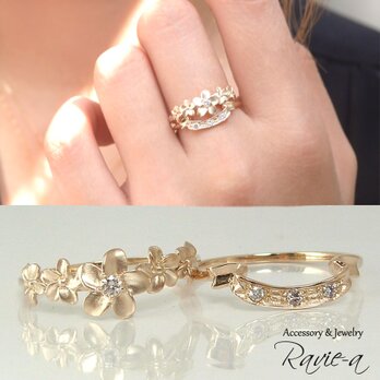 ハワイアンジュエリー ダイヤモンド クール お花 リング 指輪 K10 イエローゴールド フラワー＆リボン セットリングの画像
