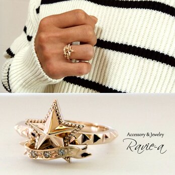 メンズ スター リング 指輪 ロック スタッズ 星の指輪 k10 ダイヤモンドの画像