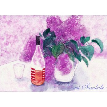 水彩画・原画「ライラックの花とワインボトル」の画像