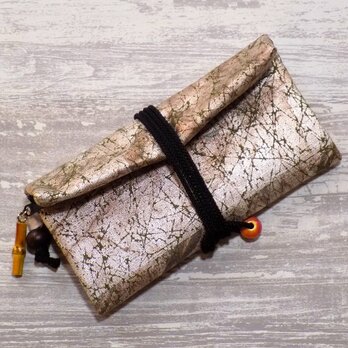 道中財布　ロールバッグ　コットン紬風グリーン色地製　「虹彩箔」　真綿箔