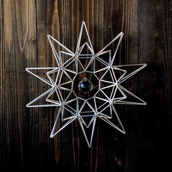 ヒンメリ「太陽のリース」野外使用可なアルミ製　オプションでサンキャッチャー　幾何学オブジェ　シルバー　クリスマスオーナメントの画像