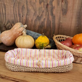 麻ひものカトラリーケース　洗えるリバーシブル布つき(綿生地、赤ストライプ×こげ茶)